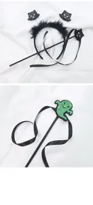 Detalle del conjunto de diadema de gato negro y varita de fantasma de Halloween