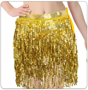 Gold sequin belly dance hip scarf tassel skirt carnival party performance waist chain belt.
