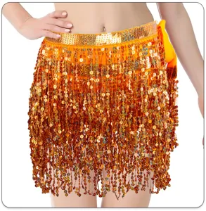Detail view of the orange sequin belly dance hip scarf, 4-layer beaded festival skirt.