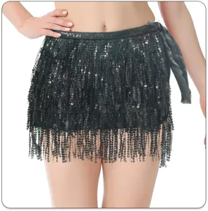 Black sequin belly dance hip scarf 4 layers fringe waist chain party festival skirt