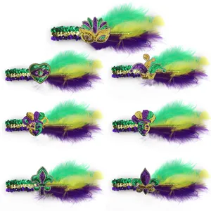 Karneval Feder Haarband Pailletten Party Kopfbedeckung gruen gold lila Festival Stile