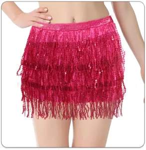 Pink sequin fringe skirt belly dance hip scarf party festival costume sparkle tassel skirt