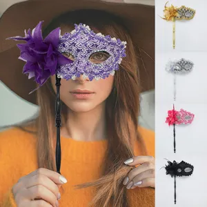 Handheld Masquerade Mask With Side Flower Feather Rhinestone Lace Double Layer Splicing Detachable Stick Carnival Party Mask For Men Women