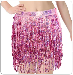Pink sequin belly dance hip scarf with 4 layers fringe for festival party performance.