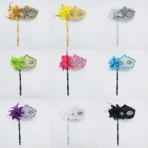 Masquerade mask with stick feather rhinestone lace elegant party eye mask for women and men