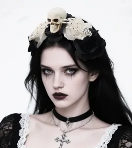 Gothic Halloween floral headband close-up with skull and skeleton hands decor style.
