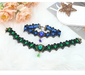 Gothic lace choker necklace set with colorful gem pendants for women fashion party jewelry