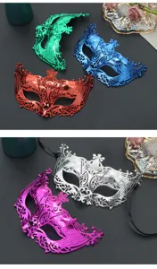 Detailansicht galvanisierter, mehrfarbiger Halbgesicht-Masken für Party und Halloween.