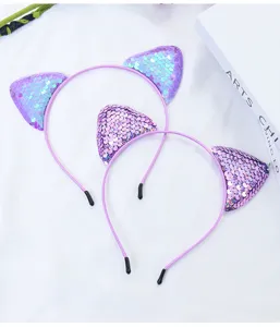Süßes Pailletten Katzenohren Haarreif Set, glänzende violette Haarschmuck für Kinder Party Bühne.