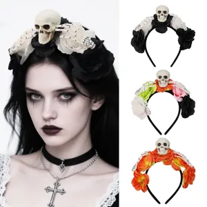 Halloween Dark Skull Floral Headband Gothic Skeleton Hand Bone Hair Hoop Party Atmosphere Dress Up Prop Headpiece Accessory