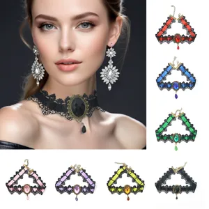 Gothic Lace Choker Necklace For Women Halloween Retro Alloy Artificial Gemstone Pendant Lace Ribbon Necklaces Party Jewelry