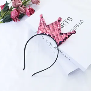 Pink sequin crown headband detail, cute party hair accessory decoration for kids and girls.