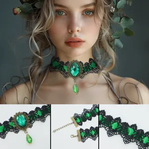 Gothic black lace choker necklace with vintage green gemstone pendant for women party.