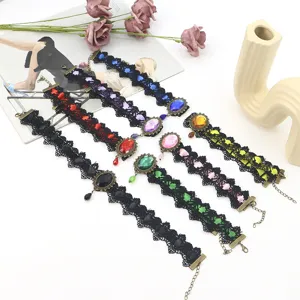 Gothic lace choker necklace with colored gemstone pendant for Halloween party and banquets.