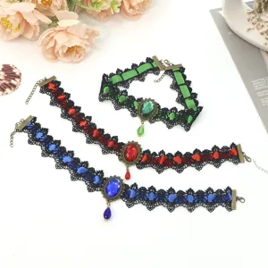 Halloween Gothic Gemstone Lace Choker Necklace Vintage Banquet Party Dress Jewelry Set