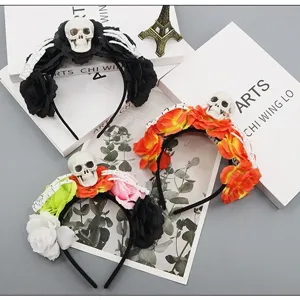 Halloween skull flower headband spooky gothic party hair accessory dark style decorative prop.
