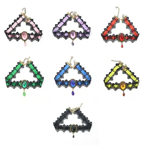 Gothic lace choker necklace with colorful gemstone pendant, perfect for party and vintage style.