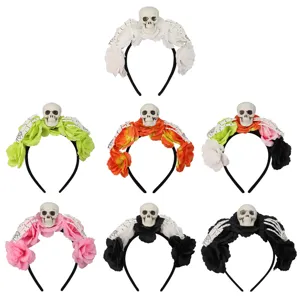 Halloween skull headband with skeleton hands and artificial flowers, party costume hair hoop.
