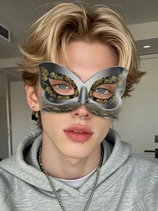 Gedetailleerde close-up van het halfgelaats-maskerade-masker met stijlvolle gouden patronen.
