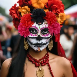 Masque mexicain du Jour des Morts avec fleurs artificielles et strass pour Halloween