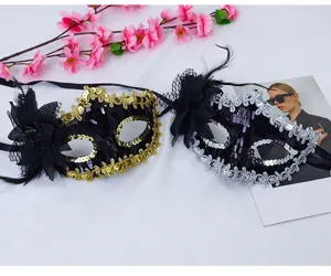 Venetian masquerade mask sequin feather lace eye mask for Halloween party ball detail view