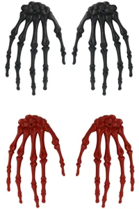 Detailed close-up shot of plastic skeleton hands props, black and red Halloween party decorations.