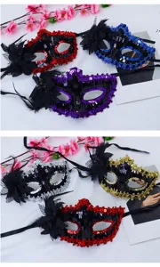 Venetian masquerade party sequin mask with side feather half face plastic eye mask for women