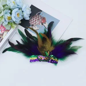 Carnival feather sequin armband detail view, vibrant green, purple, and gold party jewelry accessory.
