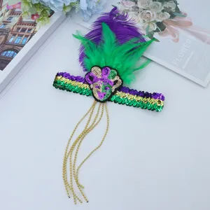 Diadema Pluma Lentejuelas Carnaval Verde Morado Oro Mardi Gras Fiesta Disfraz Accesorio Pelo