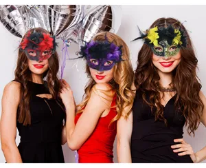 Masquerade mask featuring vibrant feathers and floral decor, perfect for Halloween and parties.