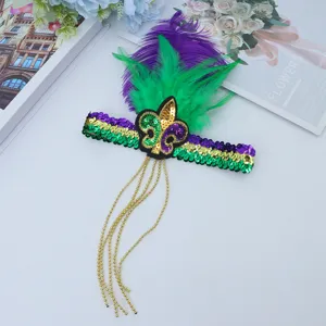 Diadema de plumas carnaval verde morado lentejuelas accesorio disfraz fiesta tematica