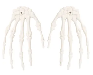 Detailed close-up of Halloween plastic skeleton hands props, realistic bone texture design.