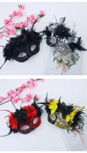 Detailed view of half-face masquerade masks featuring artificial feathers, glitter, and floral decor.