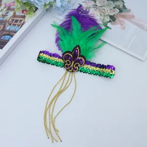 Diadema de plumas y lentejuelas para carnaval fiesta con flecos perlas oro mascarada.
