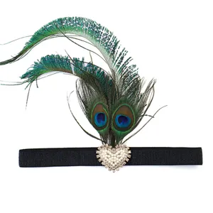 Cerchietto con piuma di pavone e cuore di cristallo, accessorio per capelli carnevale 1920.