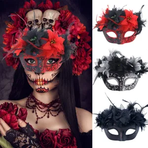 Halloween Day Of The Dead Half Face Party Mask Plastic Masquerade Mask With Faux Feather Artificial Flowers Glitter Painted Props For Carnival Cosplay Ball