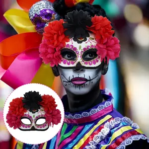 Masque Mexicain Jour Des Morts Avec Fleurs Artificielles Strass Paillettes Halloween Cosplay Accessoires De Performance Pour Femmes Hommes
