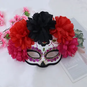 Masque Tête de Mort du Jour des Morts Fleurs Artificielles Strass Halloween Cosplay