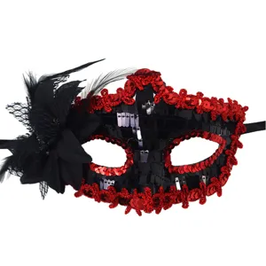 Venetian Halloween masquerade half face mask with sequins, feathers and lace for party.