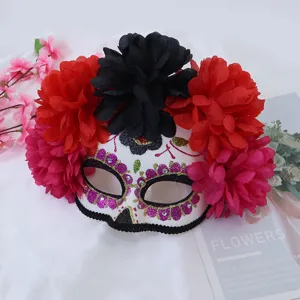 Masque Jour des Morts mexicain Halloween cosplay masque de fleurs avec fleurs en tissu et paillettes.