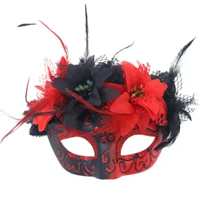 Halloween masquerade mask red black feather lace floral half face party mask prop