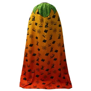 Halloween party costume cape with gradient orange design, spooky ghost and spiderweb prints.