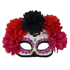 Masque mexicain Jour des Morts fleurs artificielles paillettes strass pour cosplay Halloween