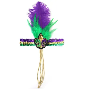 Diadema plumas carnaval mardi gras fiesta disfraz accesorio pelo verde morado lentejuelas