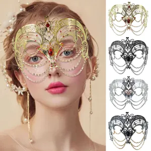 Halloween metal Venetian masquerade mask with rhinestones, tassels, and half face design.