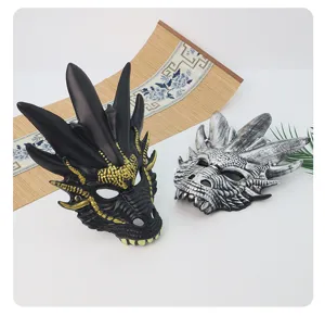 Halloween 3D dragon mask detail shot showing black gold and silver styles for party props.