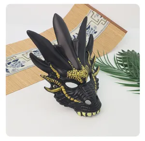 Detailed view of 3D black gold dragon mask, realistic Halloween party costume cosplay prop.