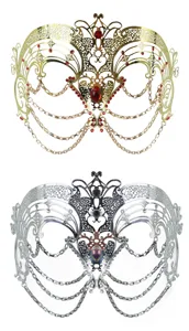Detailed view of metal Venetian masquerade mask, intricate filigree and crystal chain details.