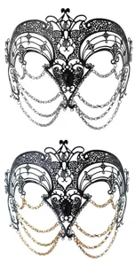 Detailed view of metal filigree masquerade masks with hanging chains and rhinestones for party.