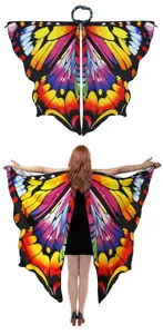 Colorful butterfly wing cloak detail showing vibrant gradient colors and soft fabric texture.